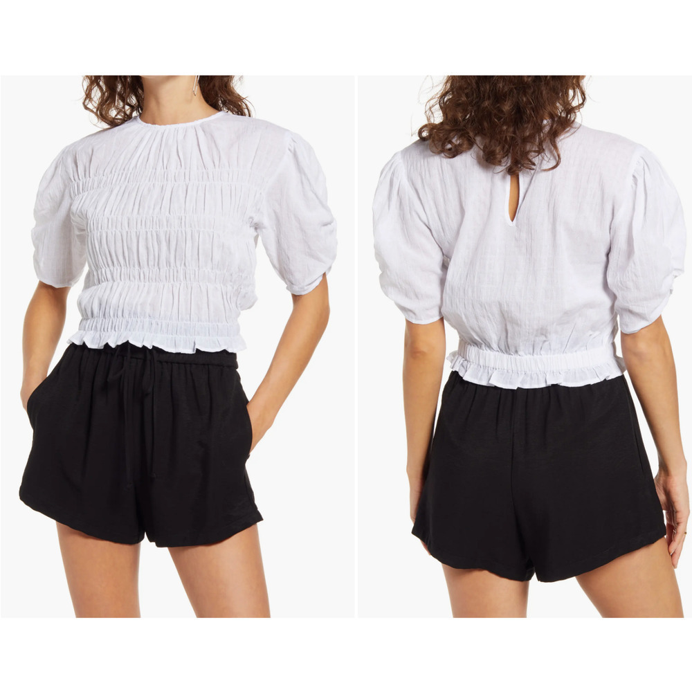 Open Edit Top Large White Cropped Smocked Short Sleeve Cotton Blend